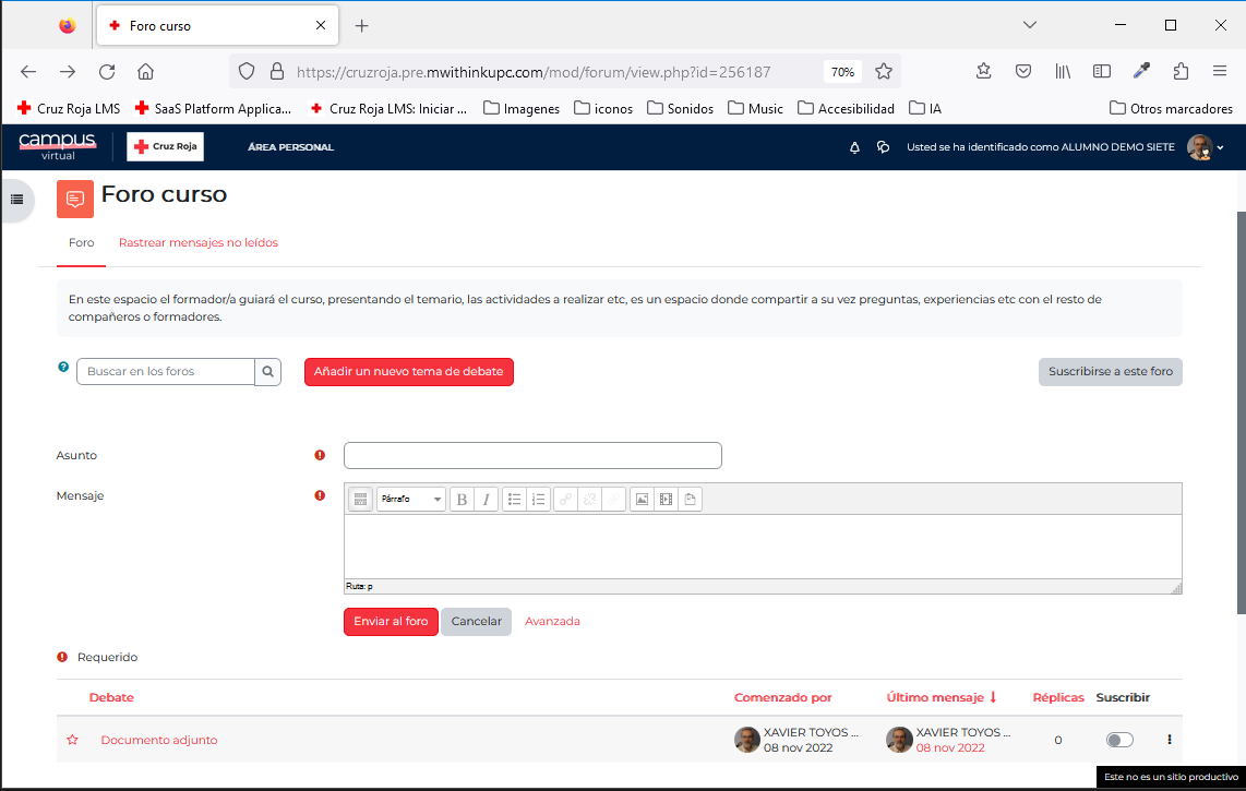Opciones de suscripción en un foro de curso o en uno de los debates