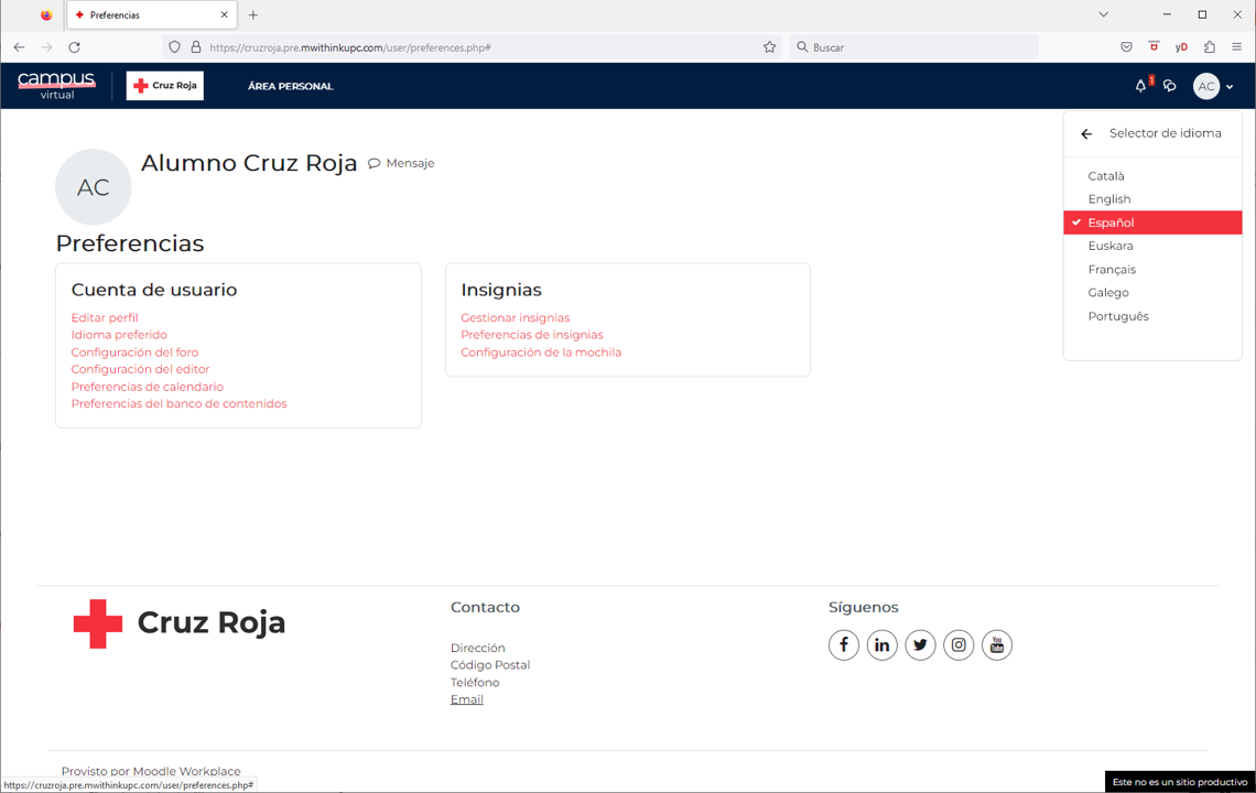 Seleccionando el idioma Español del listado 