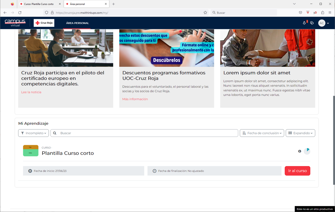 Espacio donde aparecen tus cursos y opciones de filtrado