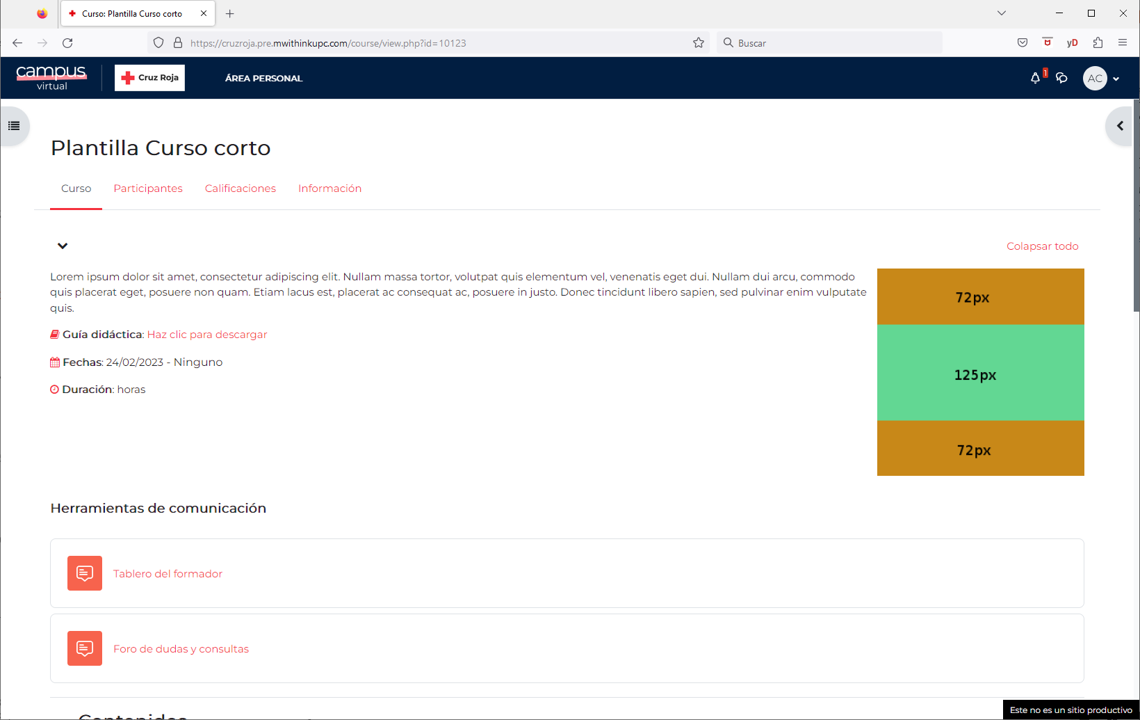 Apartado del curso donde se muestran las pestañas, entre ellas, la de calificaciones.
