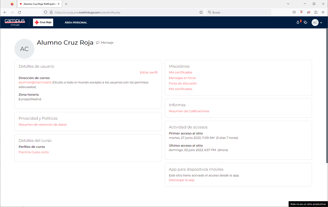 opciones de configuración de tu perfil (área privada)