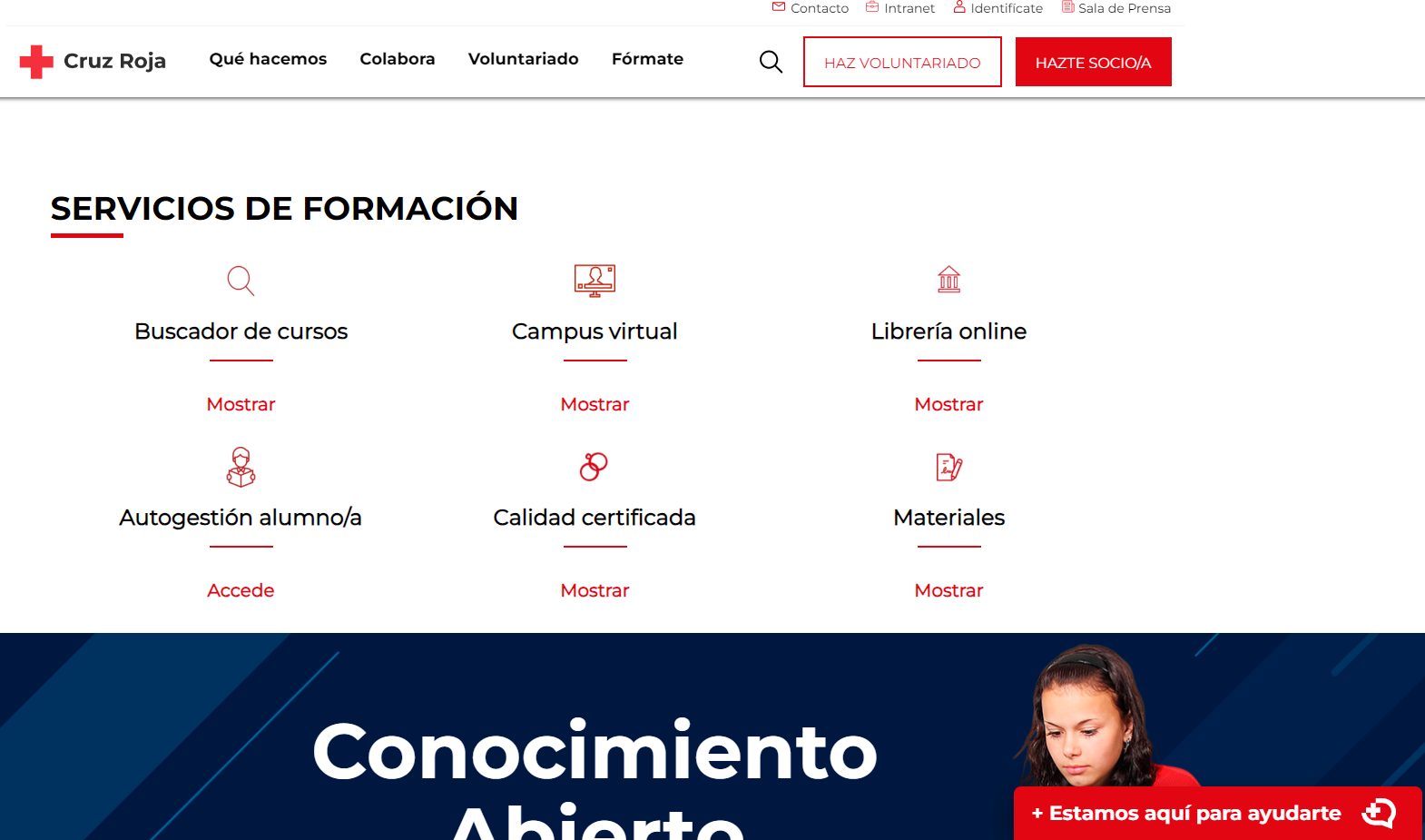 apariencia de la web Fórmate con iconos desde donde acceder a otros espacios como el Campus Virtual