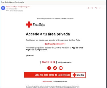 Ejemplo de mensaje con tu contraseña para acceder a la web