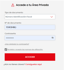 Formulario de acceso donde indicar: tipo de documento, número y contraseña