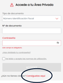 Captura de la parte "Accede a tu área privada" señalando el enlace de color rojo "Consíguelas aquí"