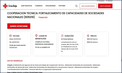 Ficha de un curso con fechas, duración, precio... y botón para apuntarse.