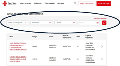 campos donde filtrar el tipo de cursos que buscas: categoria, modalidad, centro, fechas