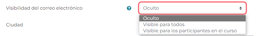 opciones del desplegable "Visibilidad del correo electrónico"